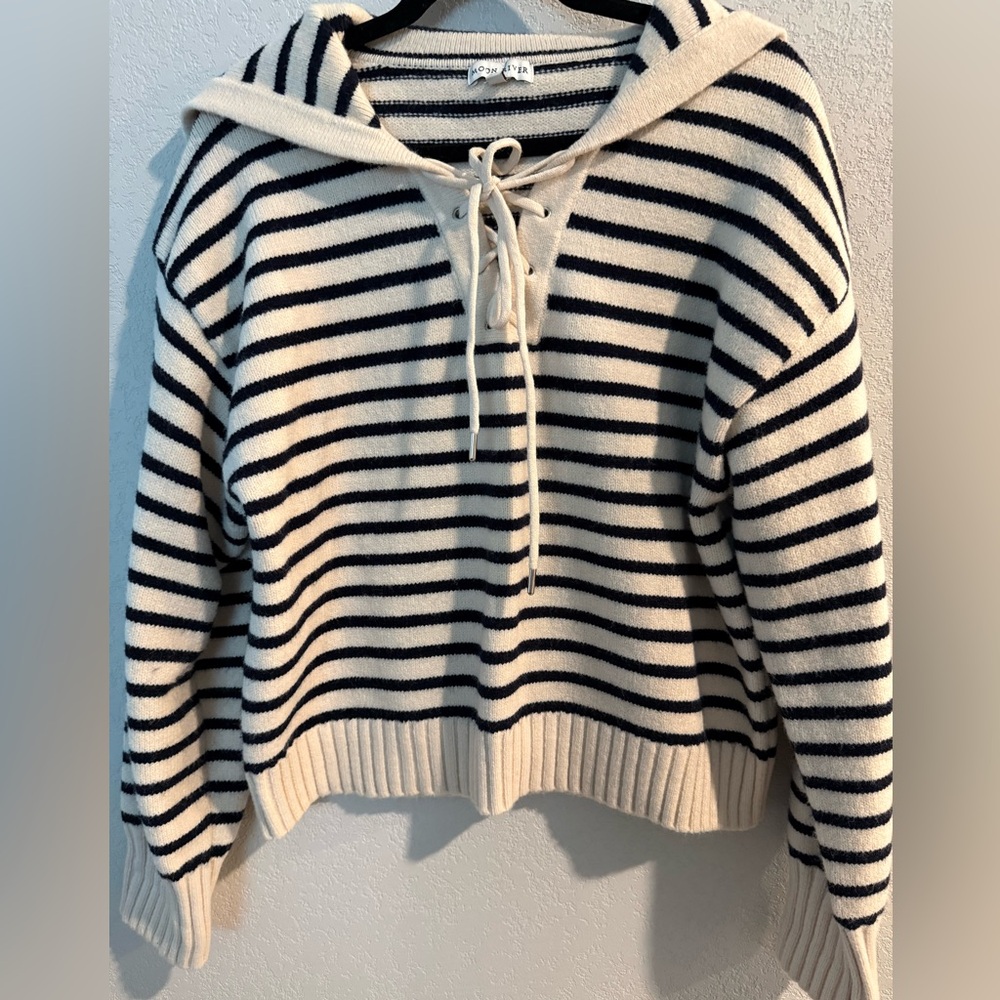 Women’s Navy and Cream Striped Lace-Up Sweater